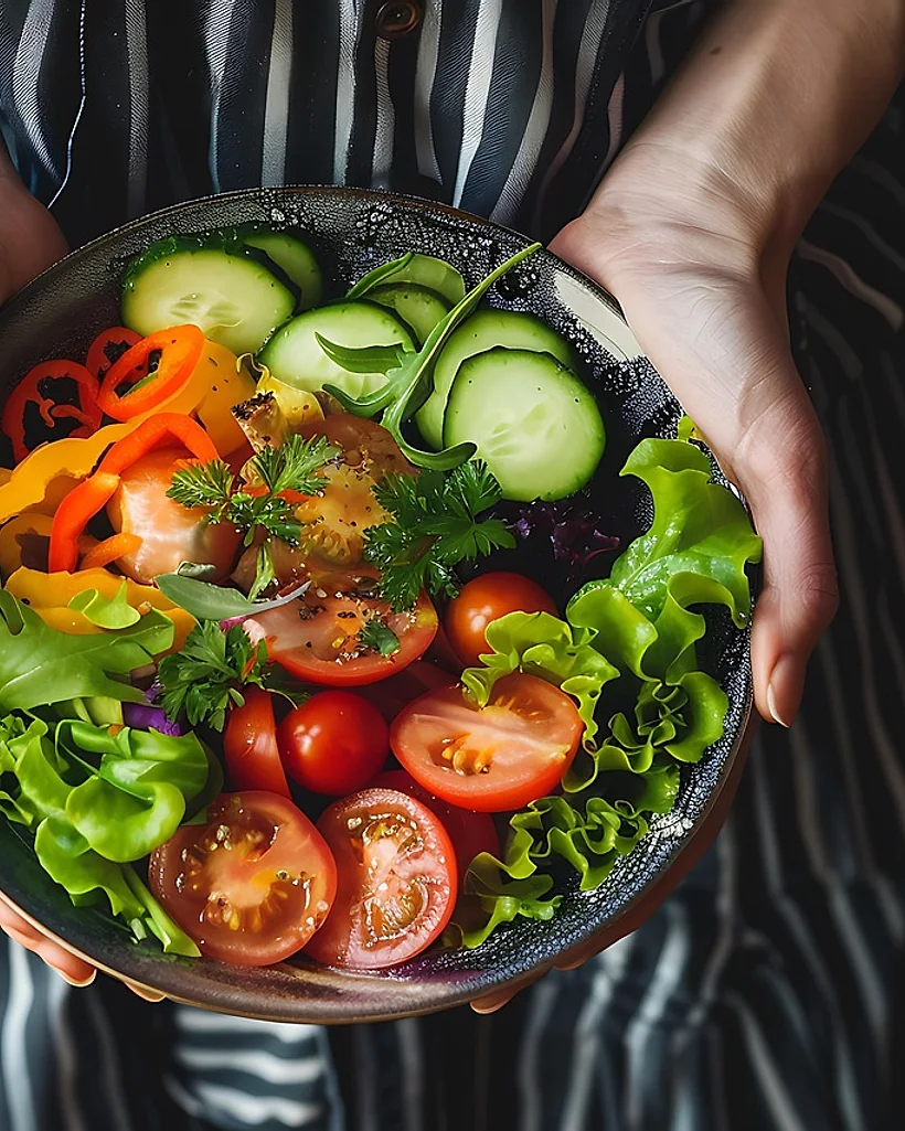 Manos sosteniendo un bol de ensalada con tomate, pepino y hoja verde