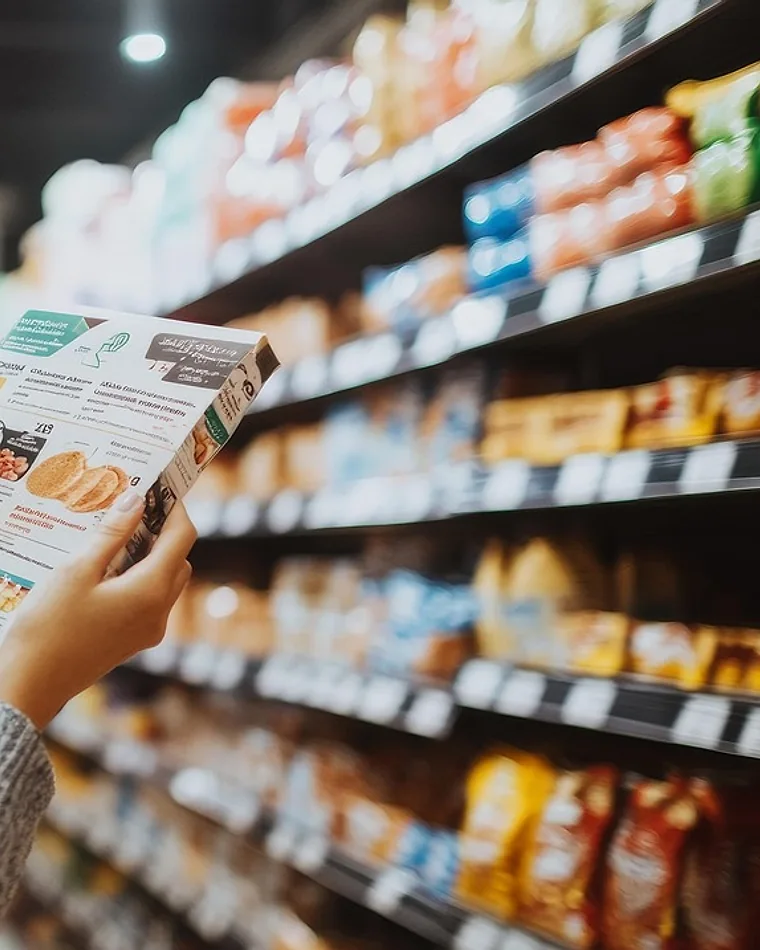Persona leyendo la etiqueta de un producto en el pasillo de un supermercado