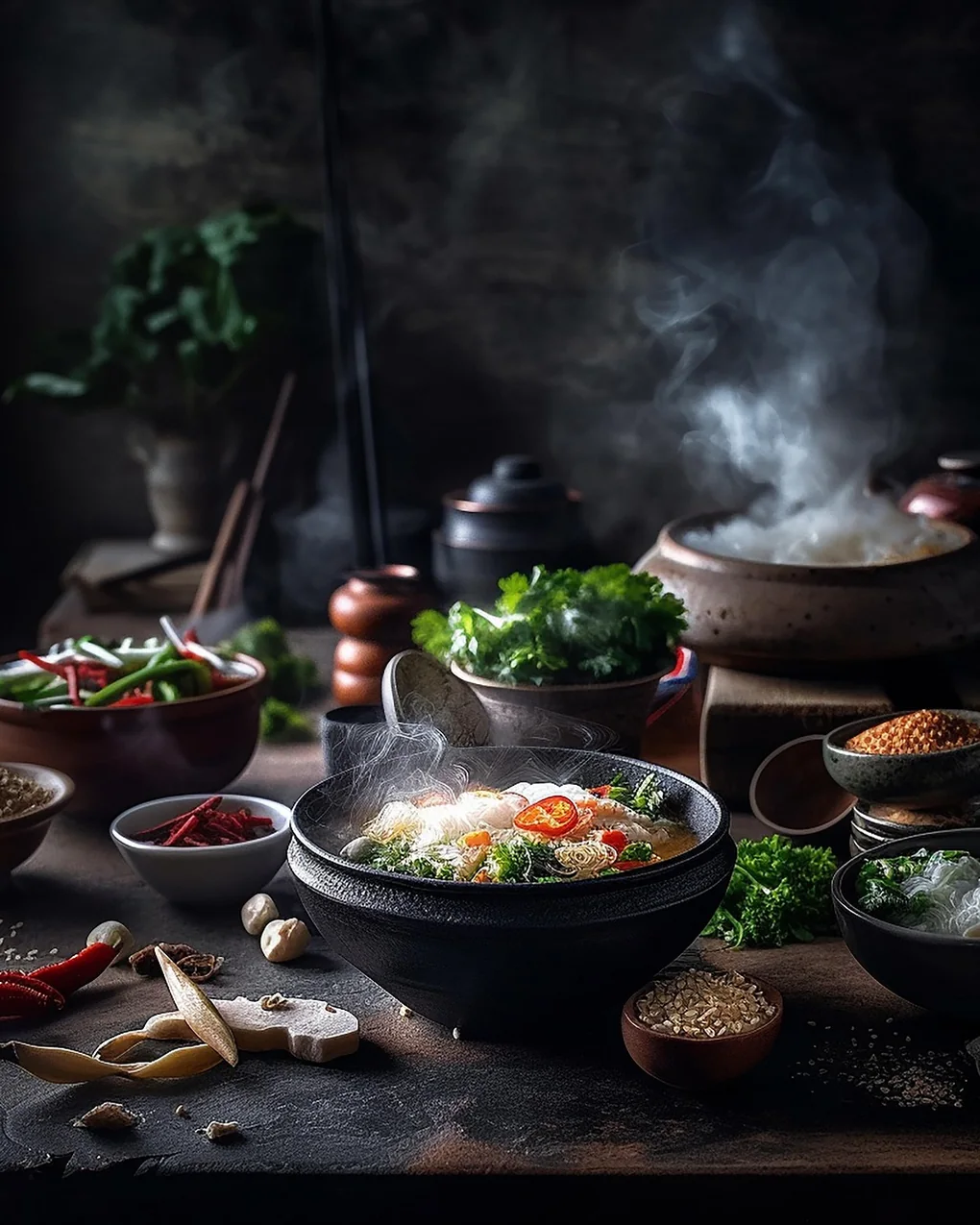 Cuencos de comida caliente humeando sobre una mesa oscura