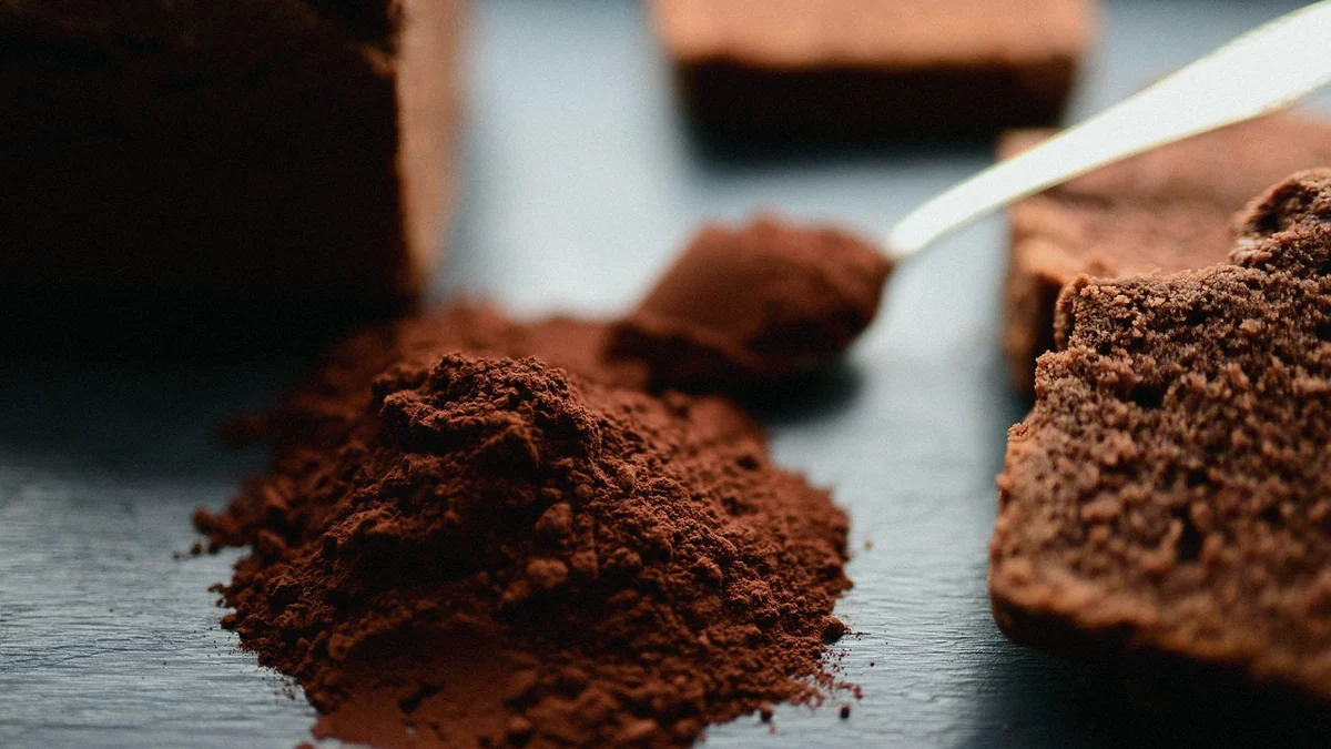 Montoncito de cacao puro en polvo con una cuchara, junto a trozos de bizcocho de chocolate