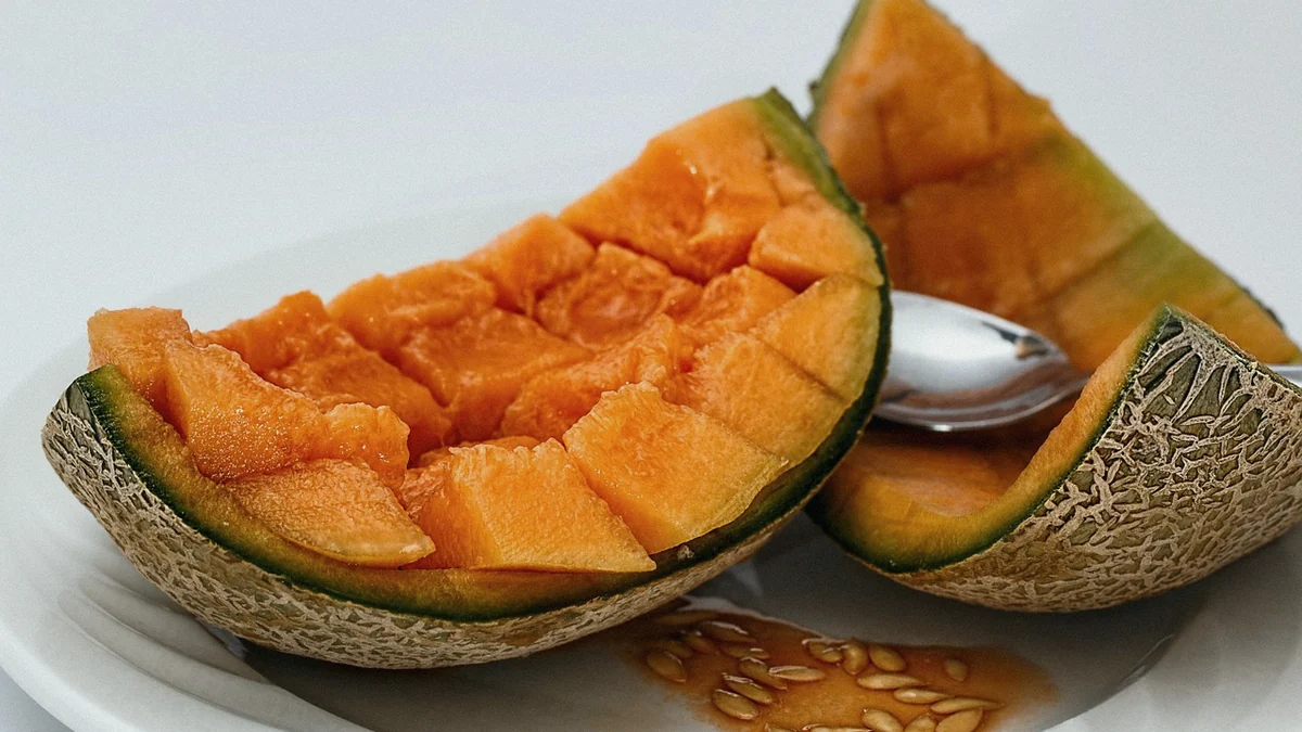 Un melón cantalupo entero sobre fondo claro